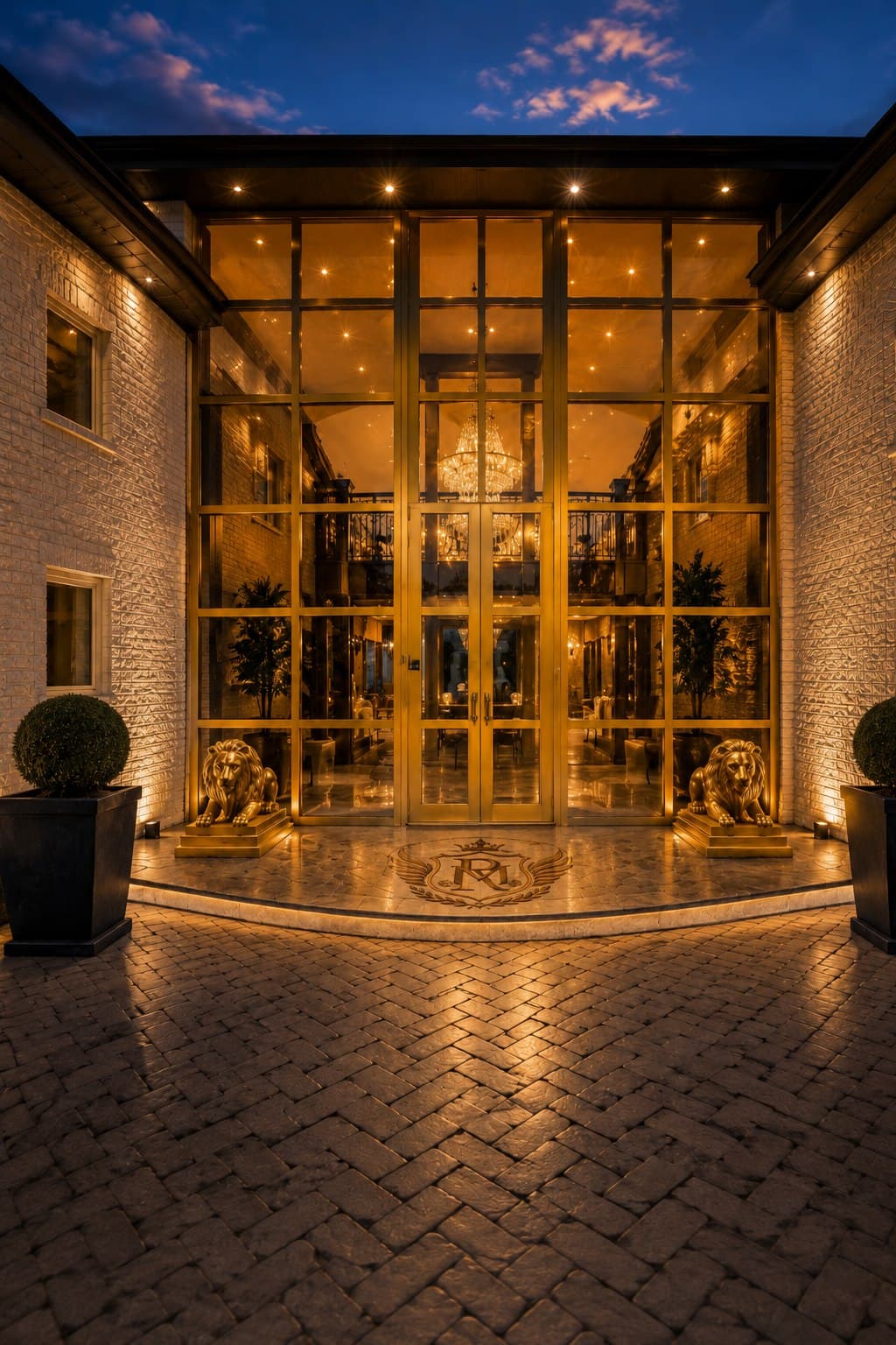 The illuminated glass entrance of The Gables at dusk, flanked by gold lions.