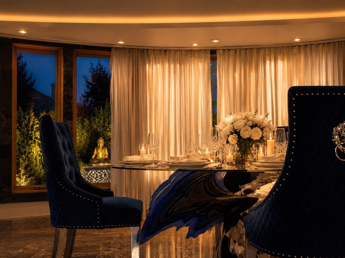 An elegant private dining room with velvet lion-head chairs overlooking the gardens.
