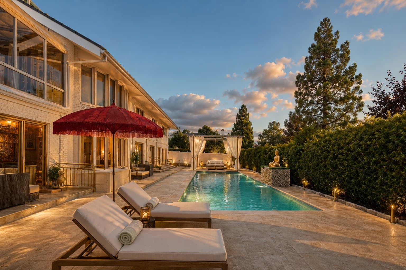 The resort-style pool and cabana at dusk.